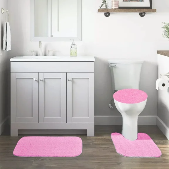 GHL Chenille 3 Piece Bath Rug Set with Contour Mat & Toilet Lid Cover, Rubber Backing