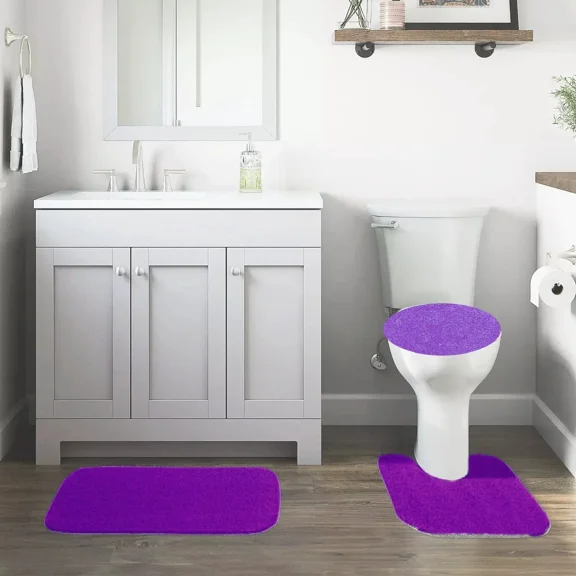 GHL Chenille 3 Piece Bath Rug Set with Contour Mat & Toilet Lid Cover, Rubber Backing