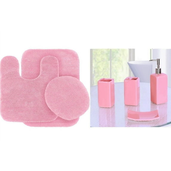 3pc Bathroom rug mat set + Matching Ceramic Accesories #6 Baby pink color non slip super soft chenille washable