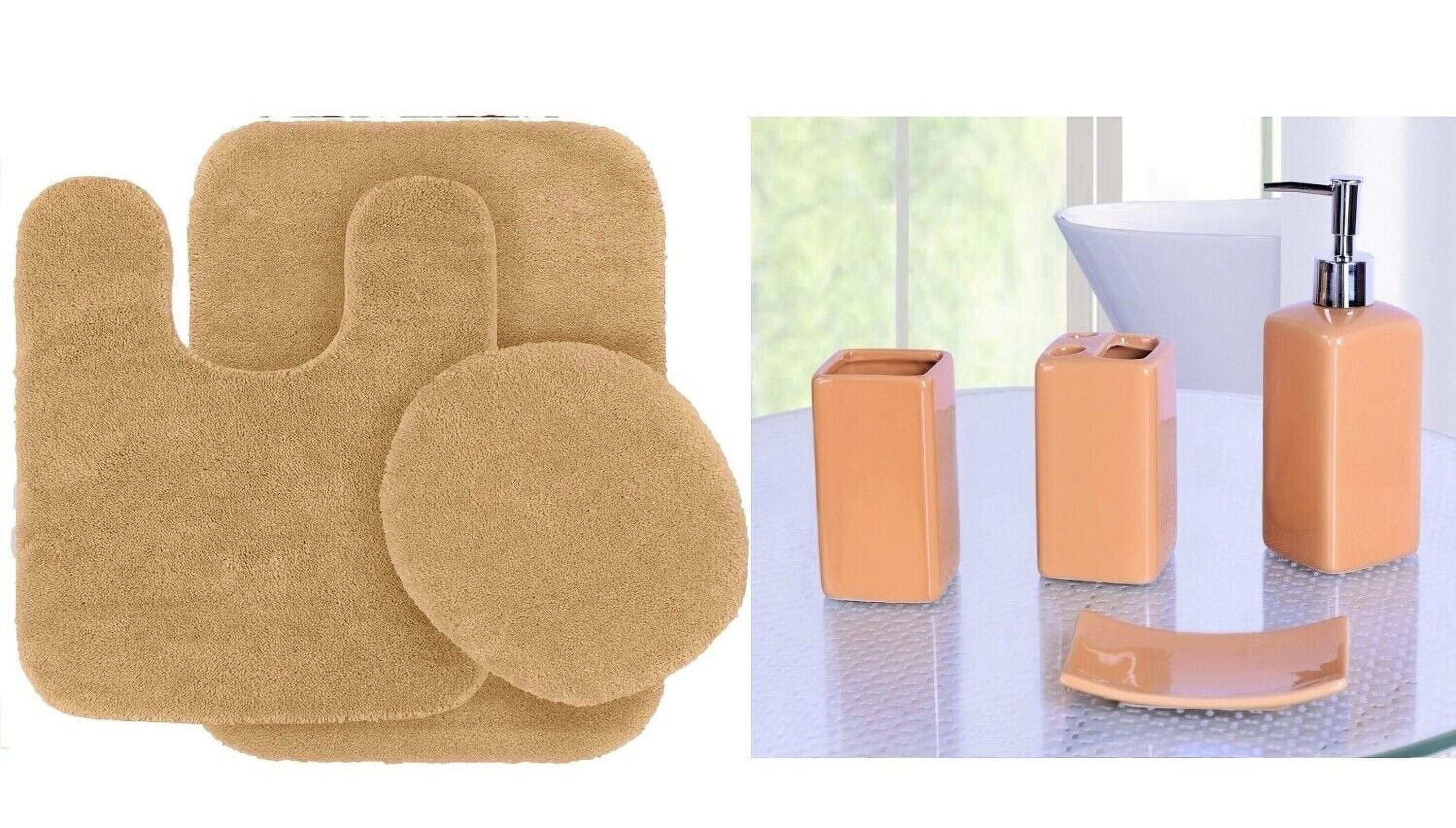 3pc Bathroom rug mat set + Matching Ceramic Accesories #6 Gold color non slip super soft chenille washable