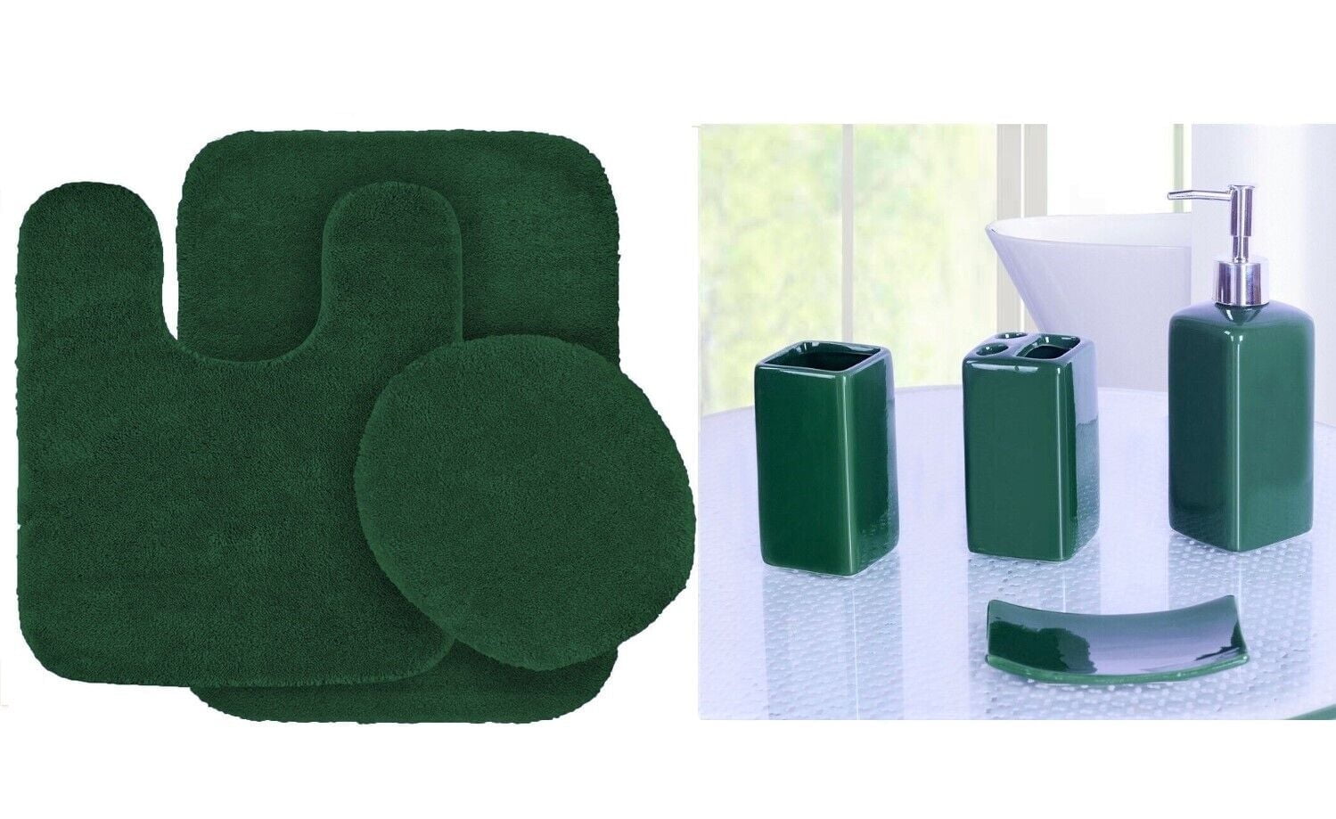 3pc Bathroom rug mat set + Matching Ceramic Accesories #6 Hunter green color non slip super soft chenille washable