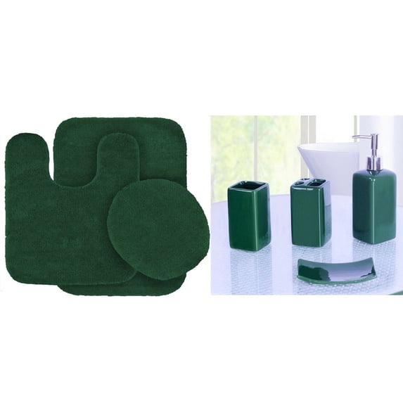 3pc Bathroom rug mat set + Matching Ceramic Accesories #6 Hunter green color non slip super soft chenille washable