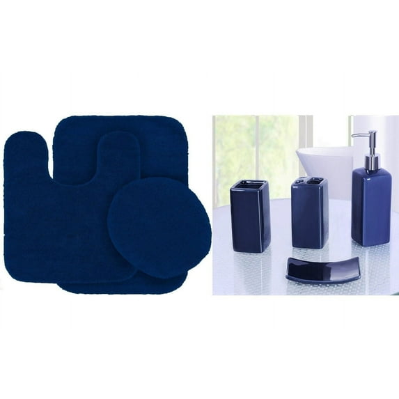 3pc Bathroom rug mat set + Matching Ceramic Accesories #6 Navy blue color non slip super soft chenille washable
