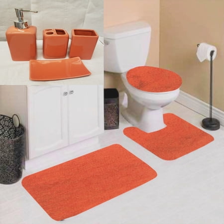 3pc Bathroom rug mat set + Matching Ceramic Accesories #6 Orange color non slip super soft chenille washable