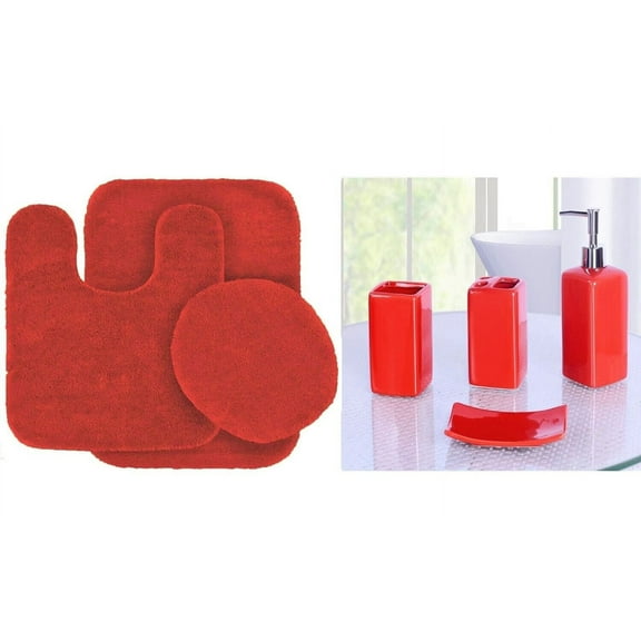 3pc Bathroom rug mat set + Matching Ceramic Accesories #6 Red color non slip super soft chenille washable