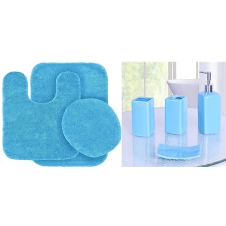 3pc Bathroom rug mat set + Matching Ceramic Accesories #6 Turquoise blue color non slip super soft chenille washable