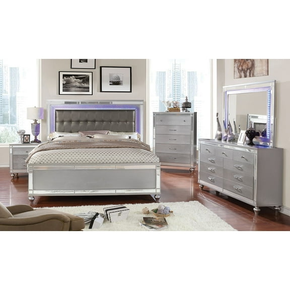 3pc Bedroom Furniture Silver Est King Size Bed And 2x Nightstands LED Gray Leatherette Headboard Crocodile Texture Footboard