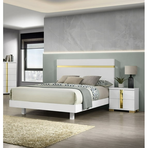 3pc Bedroom Set Eastern King Size Bed w Underbed LED 2x Nightstands White Gold Acrylic Trim Dust Proof Cases Furniture