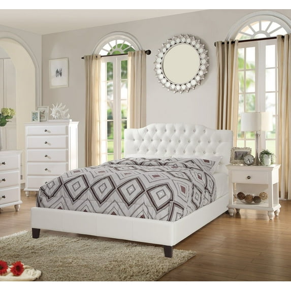 3pc Bedroom Set Elegant Classic Full Size Bed 2x Nighstands One Shelf and drawer Bedside Table White Tufted Faux Leather