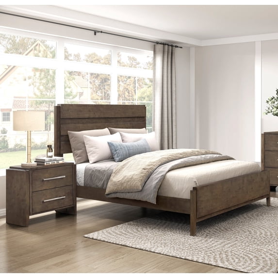 3pc Bedroom Set Queen Size Panel Bed and Two Nightstands Dark Walnut Finish Durable Furniture