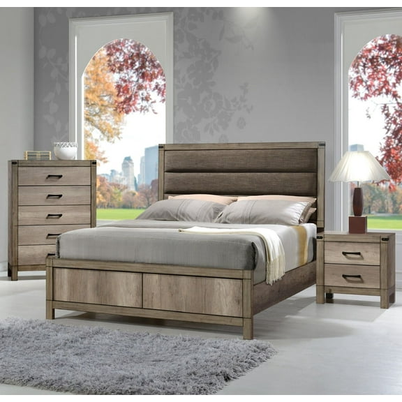 3pc Bedroom Set Queen Size Upholstered Bed Chest Nightstand Rustic Light Grey Wood Melamine Finish