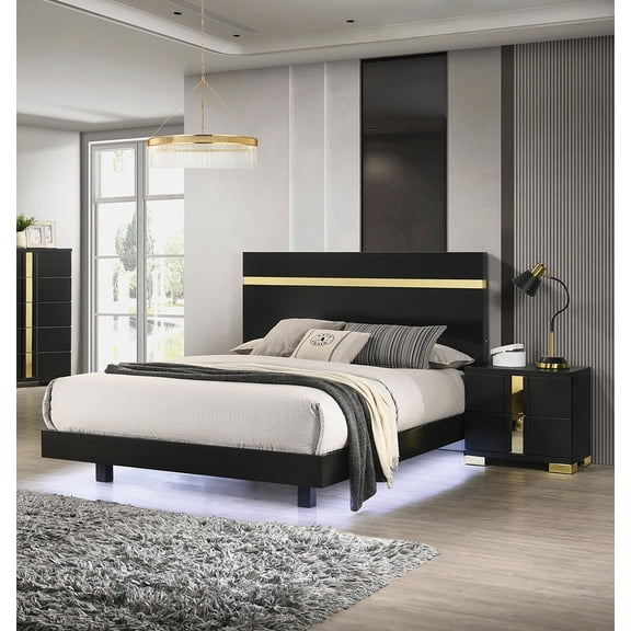 3pc Bedroom Set Twin Size Bed w Underbed LED 2x Nightstands Black Gold Acrylic Trim Dust Proof Cases Furniture