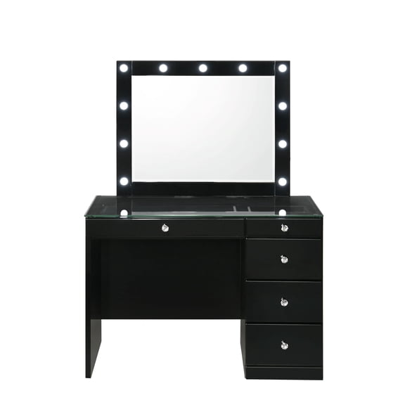 3pc Black Makeup Vanity Set Lighted Mirror Glass Top 5 Drawers Crystal Knobs Round Stool Wooden Bedroom Furniture Black On-Site