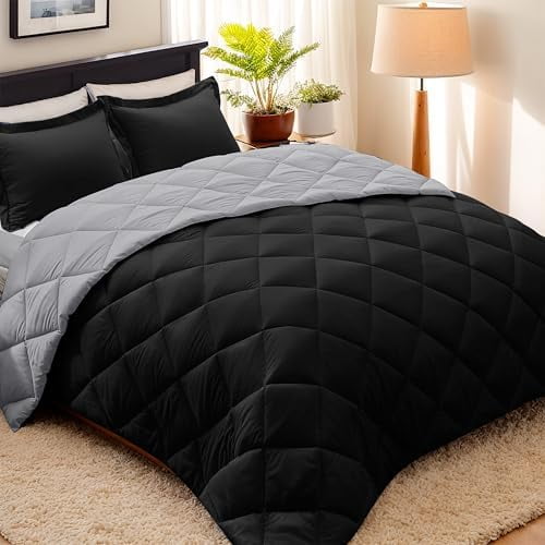 3pc Black Queen Size Comforter Set-All Season Reversible Down Alternative Comforter with Two Shams -Quilted Duvet Insert with Corner Tabs - Diamond Stitched Blanket - Breathable, Soft, Fluffy