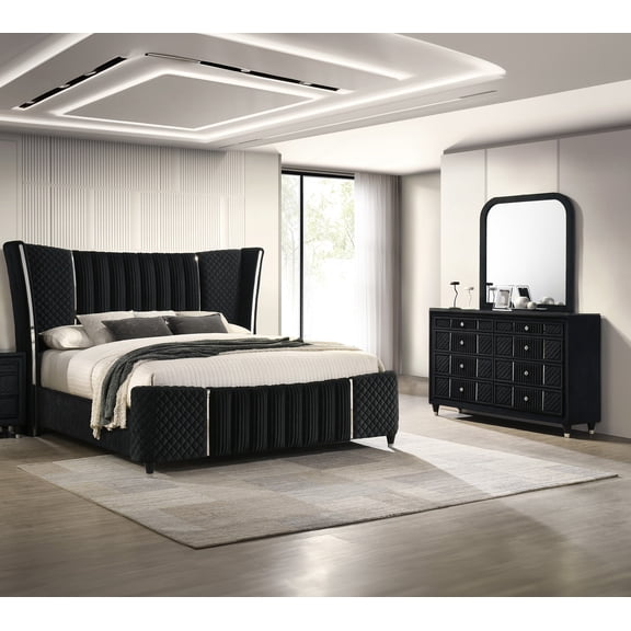 3pc Black Velvet Wingback Headboard Channel Tufting Queen Dresser Mirror Set