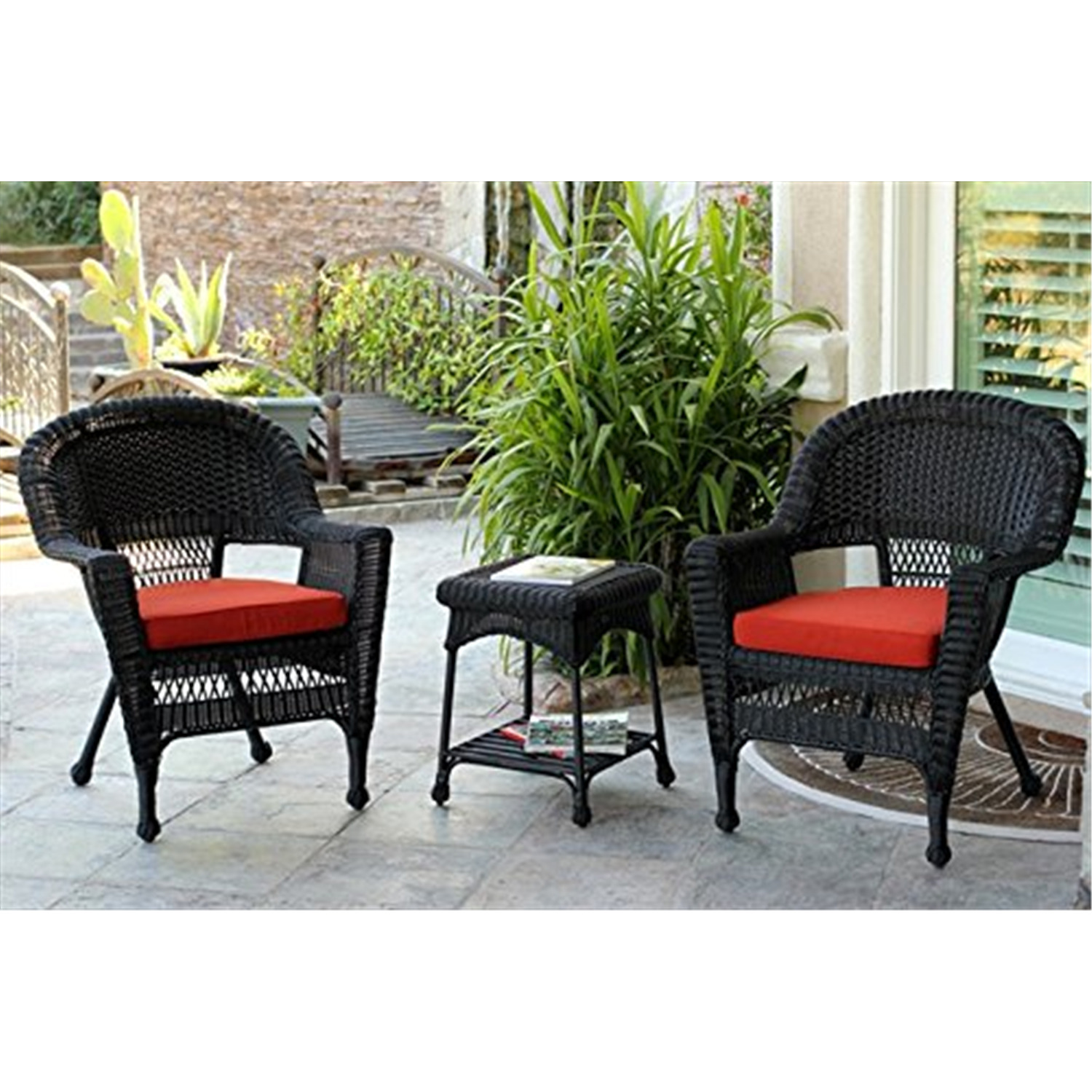 3pc Black Wicker Chair and End Table Set with Red Orange Cushion - image 1 of 1