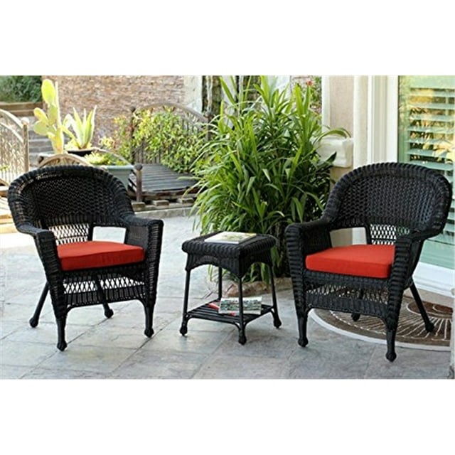 3pc Black Wicker Chair and End Table Set with Red Orange Cushion