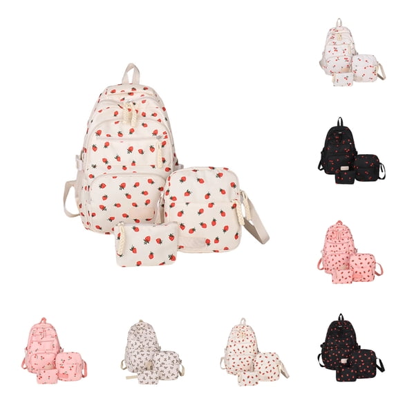 3pc Bow Backpack for Girls,Cute Backpack With Strawberry And Cherry Design,Large Capacity,Lightweight (Beige)