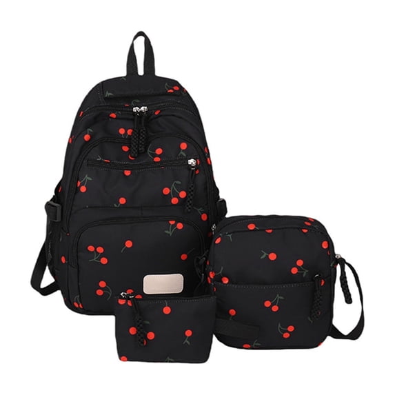 3pc Bow Backpack for Girls,Cute Backpack With Strawberry And Cherry Design,Large Capacity,Lightweight (Black)
