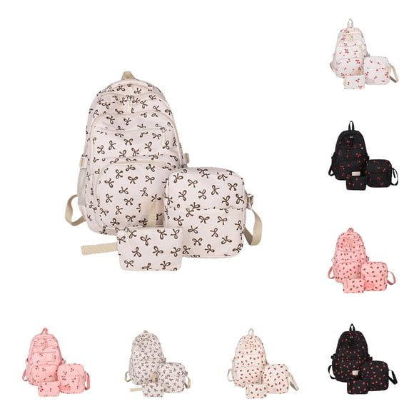 3pc Bow Backpack for Girls,Cute Backpack With Strawberry And Cherry Design,Large Capacity,Lightweight (Khaki)