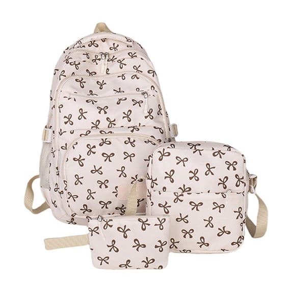 3pc Bow Backpack for Girls,Cute Backpack With Strawberry And Cherry Design,Large Capacity,Lightweight (Khaki)