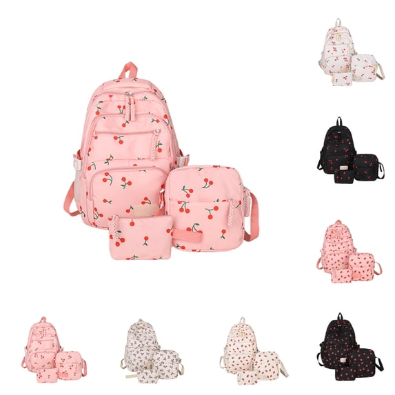 3pc Bow Backpack for Girls,Cute Backpack With Strawberry And Cherry Design,Large Capacity,Lightweight (Light pink)