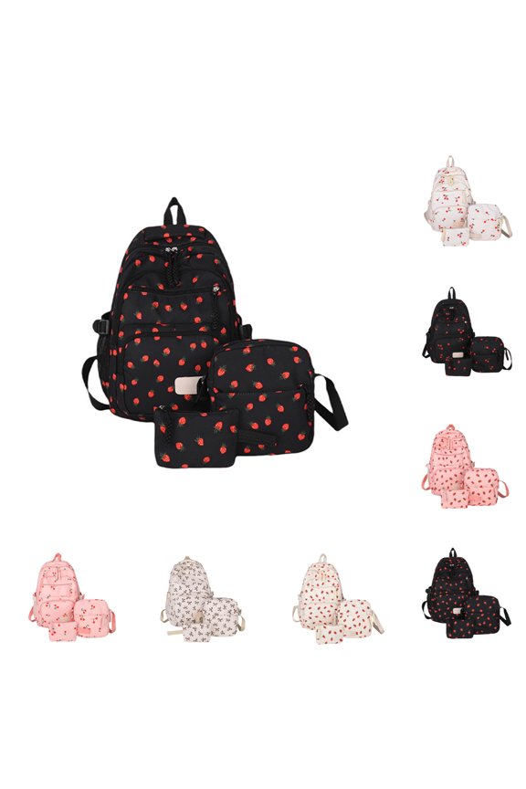3pc Bow Backpack for Girls,Cute Backpack With Strawberry And Cherry Design,Large Capacity,Lightweight (Red)