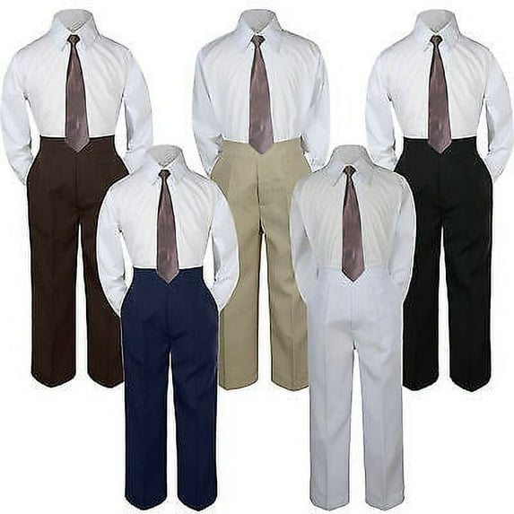 3pc Boy Suit Set Brown Chocolate Necktie Baby Toddler Kid Formal Shirt Pants S-7