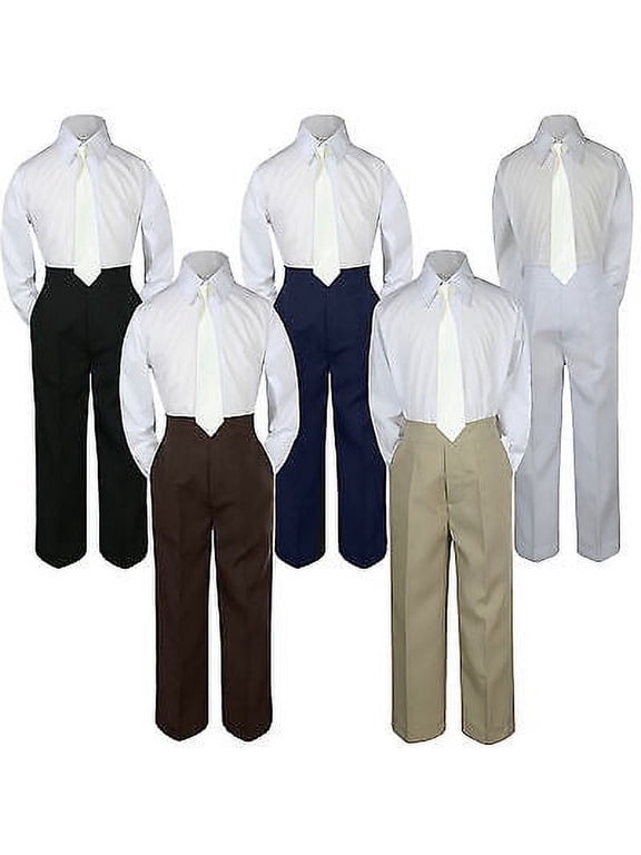 3pc Boy Suit Set Ivory Off White Necktie Baby Toddler Kid Formal Shirt Pants S-7