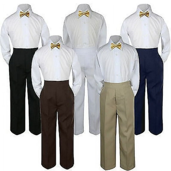 3pc Boy Suit Set Mustard Yellow Bow Tie Baby Toddler Kid Formal Shirt Pants S-7