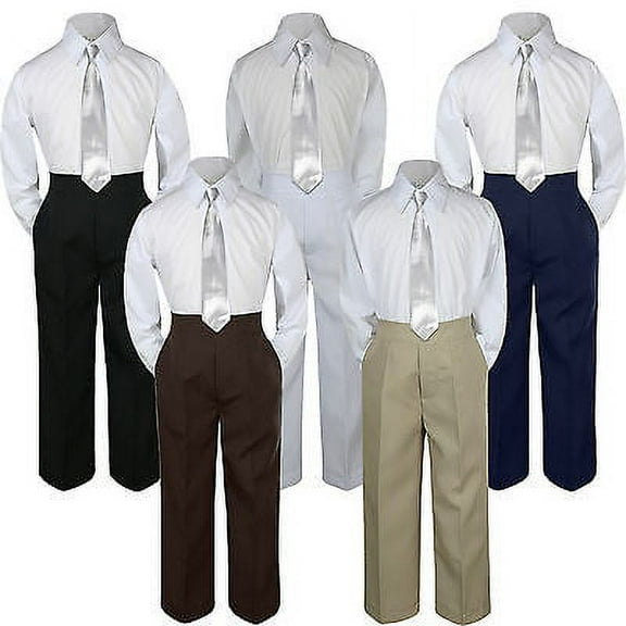 3pc Boy Suit Set Silver Necktie Baby Toddler Kid Formal Shirt Pants S-7 Wedding