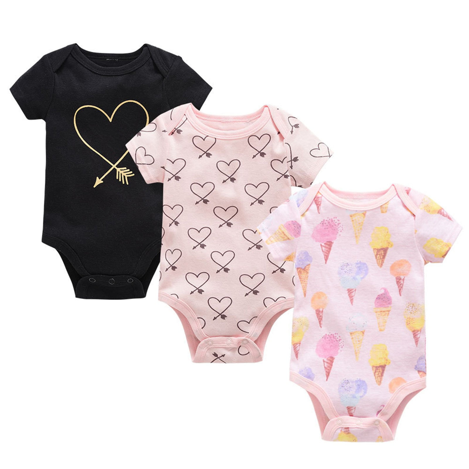 3pc Boys Girls Short Sleeve Heart Print Romper Cotton Blend Bodysuits