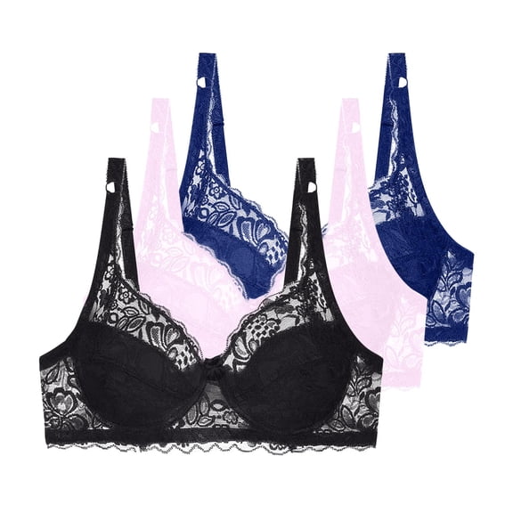 3pc Bras for Women Comfortable Lace Bras Plus Size Full-Cover Push up Balconette Non Padded Thin Breathable Everyday Bralettes Sports Bras for Lady Black 95C