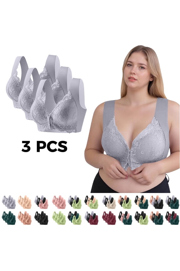 3pc Bras for Older Women Plus Size Wireless Front Closure Bra Comfort Full Coverage Lace Patchwork Everyday Bralette for Senior Gray Bras,Size M-5XL