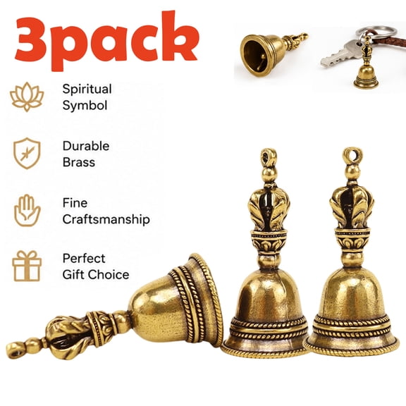 3pc Brass Vajra Bell Pendant Small Tibetan Style Copper Ornament for Bag Keychain and Home Decor, Outdoor Atmosphere Wind Chime, Camping Reminder, Small Circle Hand Bells