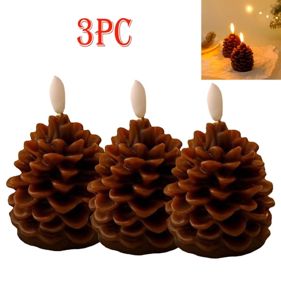 3pc Brown Flameless Pinecone Candles Battery Operated (Not Included) with Timer Flickering Flameless LED Candles, Fall Thanksgiving Xmas Home Table Room Holiday Decor