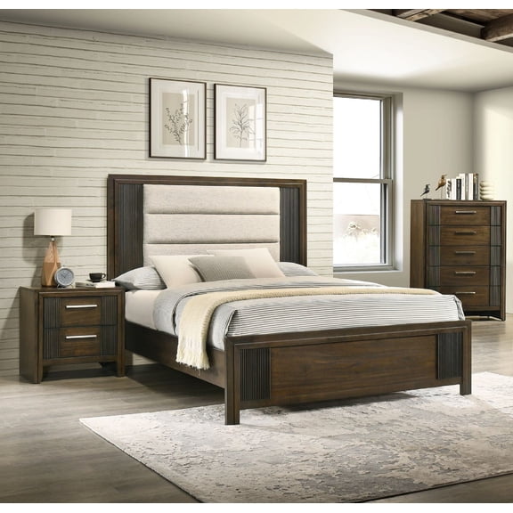 3pc Brown Panel Upholstered King Bed Chest Nightstand Wooden Bedroom Furniture