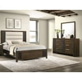 thumbnail image 1 of 3pc Brown Panel Upholstered King Bed Dresser Mirror Wooden Bedroom Furniture, 1 of 5