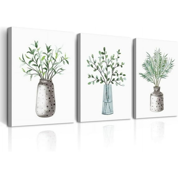 3pc Canvas Wall Art - Green Leaf Vase - Framed Wall Painting for Dining Room - 12x16in