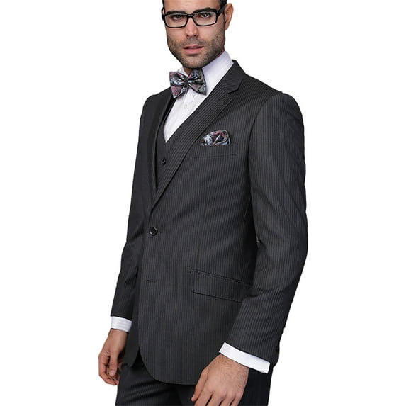 3pc Charcoal Pinstripe Modern Fit Pleated Pants 2 Button Mens Suit Super 150's Extra Fine Italian Wool By Alberto Nardoni Brand Designer