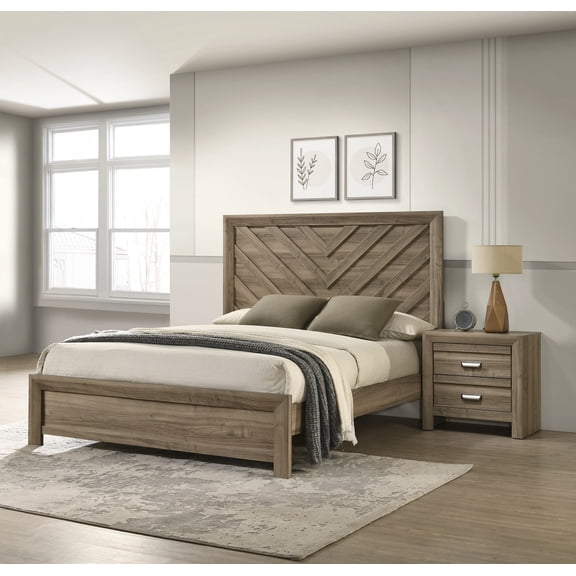 3pc Chevron-patterned Brown Finish Queen Size Bed Nightstand Furniture Set