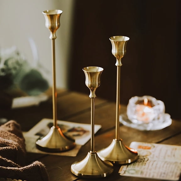 3pc Christmas Valentine's Day European Copper Plated Bell Candlestick French Western Table Candlestick Set Romantic Wedding Family Gathering Candlelight Dinner Photo Props American Retro Long Rod