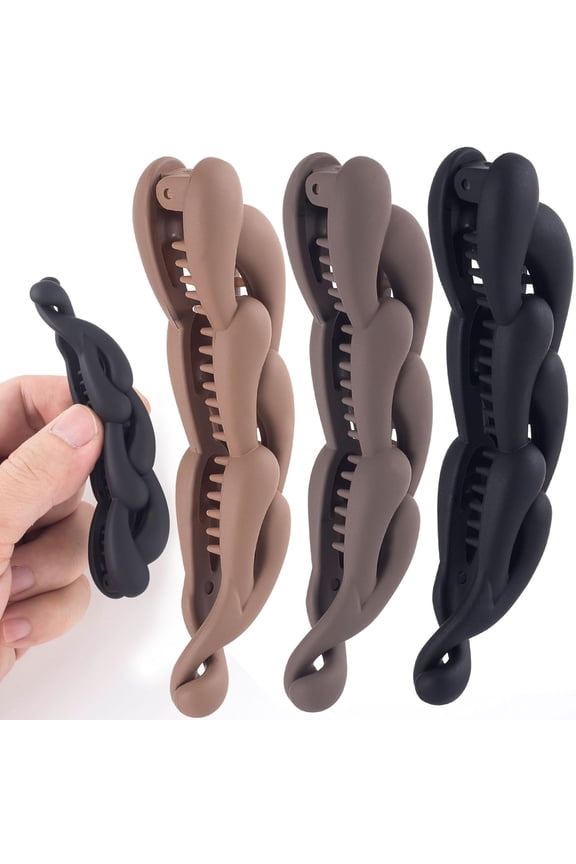 3pc Classic Banana Hair Clips, 4.3" Non-Slip Double Comb Hair Claws for Thick Hair, Black & Coffee Tones