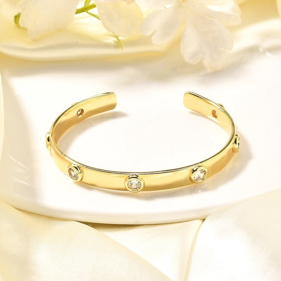 3pc Clear Cubic Zirconia Flat Round Open Cuff Bangle Brass Jewelry for Women Cadmium Free & Nickel Free & Lead Free Real 18K Gold Plated Inner Diameter: 2-1/4 inch(5.6cm)