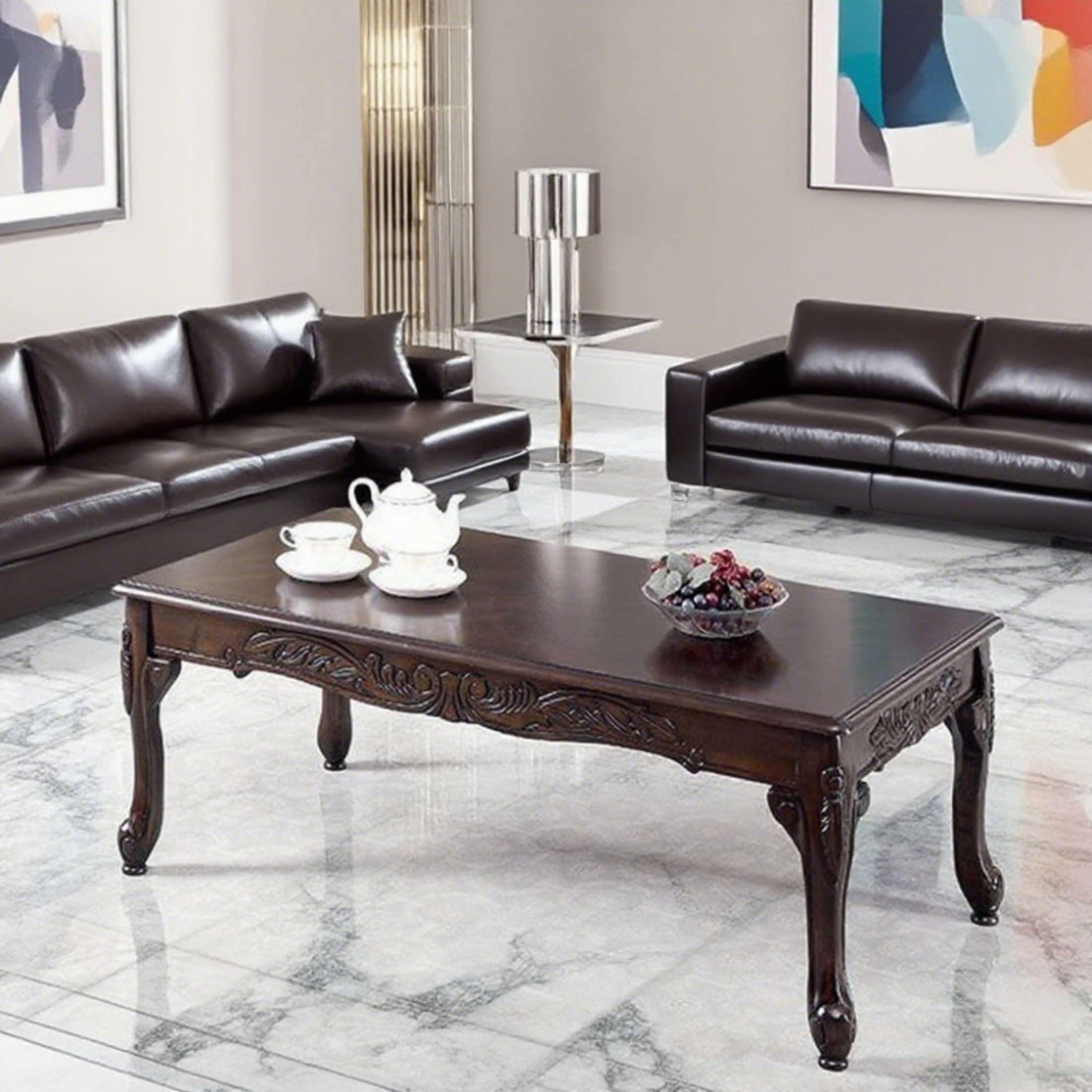 3pc Coffee Table Traditional Style Dark Cherry Finish Cabriole Legs And Intricate Design