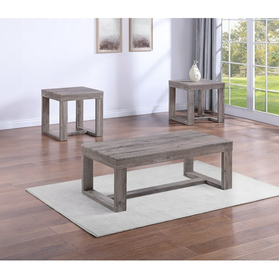 3pc Contemporary Cocktail Set 1x Rectangular Coffee Table and 2x Square End Table Rustic Brown Gray Tan Finish Living Room Wooden Furniture