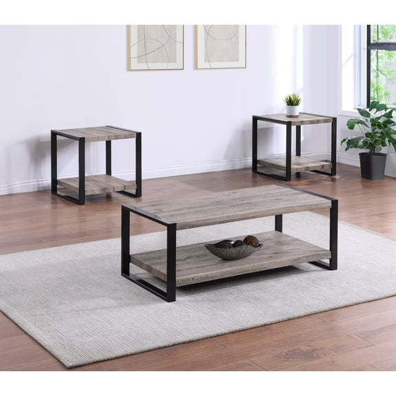 3pc Contemporary Cocktail Table Set: Rustic Brown & Black Wood Rectangular Coffee Table & 2 Square End Tables for Living Room, Durable Metal Frame, Ample Storage