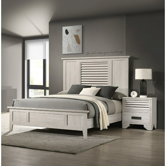 3pc Contemporary King Size Set Panel Bed Nightstand White Cream Solid Wood Wooden Bedroom Furniture