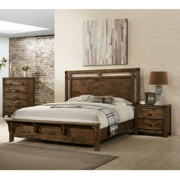 3pc Contemporary Rustic Finish Queen Size Bedroom Set Bed Chest Nightstand Solid Wood Furniture