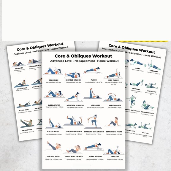 3pc Core And Diagonal Training Package Posters, From Beginner To Advanced, Abdominal Training Posters At Home, Equipment Free Core Training Posters, Training Kit Posters poster